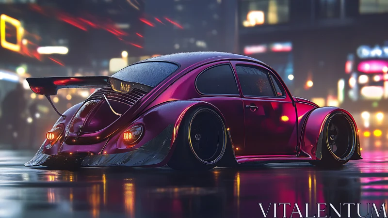 Retro beetle glows in neon city rain, full of playful style.