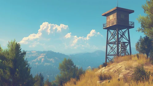 Sunlit forest watchtower overlooking peaceful blue mountains.