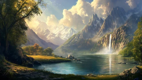 Atmospheric mountain lake vista with volumetric light and waterfall
