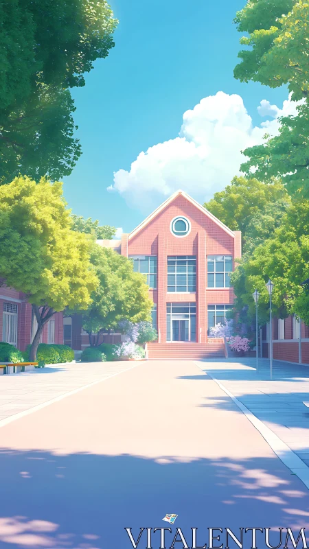 Sunlit school courtyard leads to a calm red brick campus