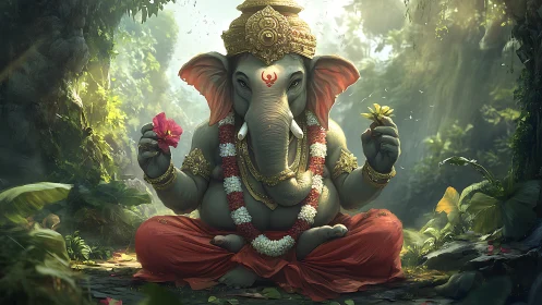 Divine elephant deity seated in lush forest clearing.