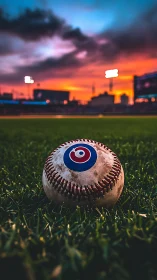 Baseball close-up on outfield grass under vivid sunset.