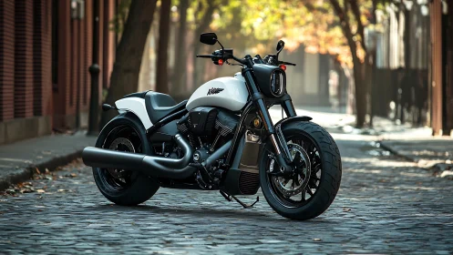 Custom street motorcycle resting on a quiet city lane.