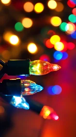 Colorful holiday string lights glow against blurred bokeh field