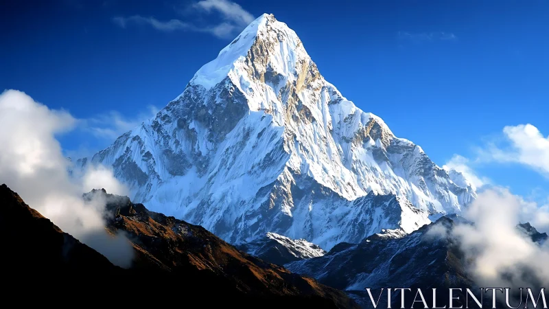 Snow covered mountain peak under clear blue sky at sunrise.