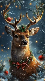 Regal Yule Reindeer crowned in twinkling winter garlands.