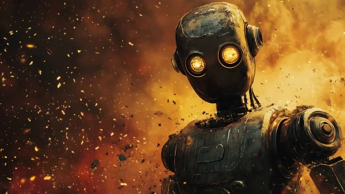 Battle-scarred robot stands amid blazing sparks and smoke
