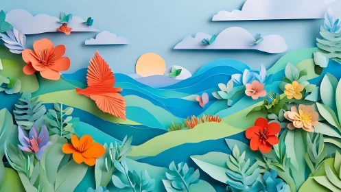 Bright paper garden wakes under sunrise across gentle hills