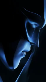 Quiet blue vigil of a masked guardian in soft light.