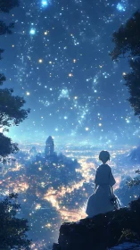 Solitary figure overlooking luminous fantasy cityscape night.