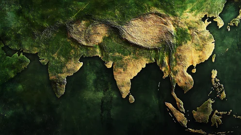 Textured relief map of Asia with exaggerated topographic contours rendered