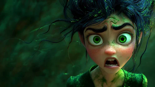 Shocked green eyed girl rendered in detailed 3D closeup
