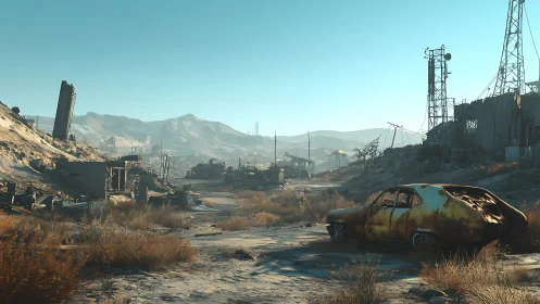 Desert roadway passes rusted car and telecom ruins under clear sky