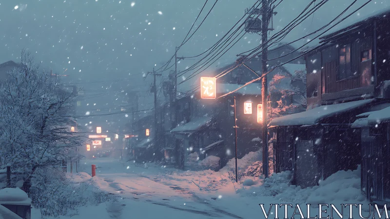 Snow-laden Japanese street with neon thermal contrast at dusk.