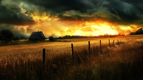 Dramatic sunset sky engulfs rural wheat field and farmhouse