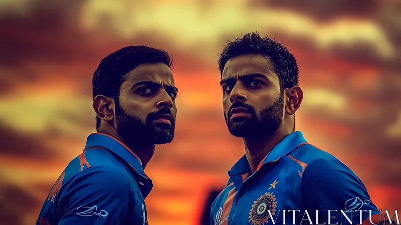 Two cricket players stand in uniform under a vivid sky