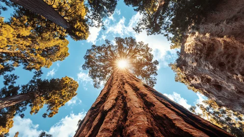 Upward view of tall conifer trees with central sunburst light