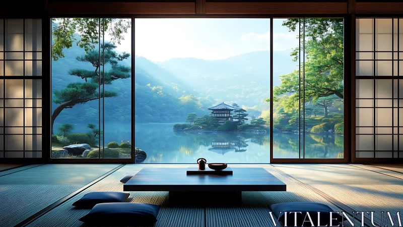 Zen tatami retreat gazing over mist-kissed lakeside temple.