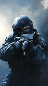 Tactical operator aiming compact SMG in foggy blue haze