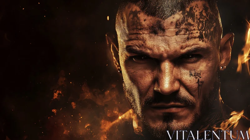 Digital portrait of tattooed man in infernal chiaroscuro lighting.