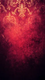 Vintage red damask wall glows with worn golden elegance