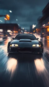 Low-angle frontal view of tuned sports car in wet nocturnal motion
