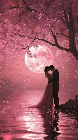 Couple at Moonlit Water's Edge Under Cherry Blossoms.