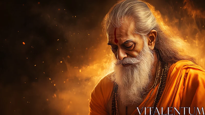 Elderly sage bows in glowing saffron light of inner peace