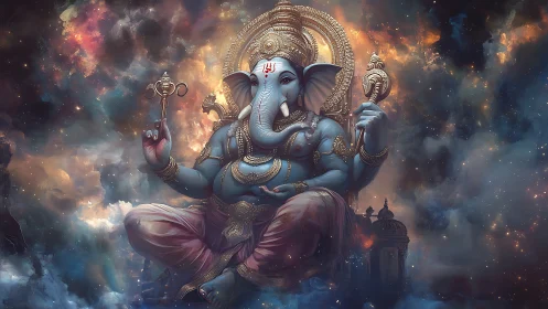 Cosmic Ganesha deity floats amid radiant nebula clouds.