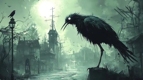 Moonlit raven sentinel haunting a fog-drowned ghost town.