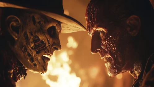 Burned horror figures confront amid blazing firelight.