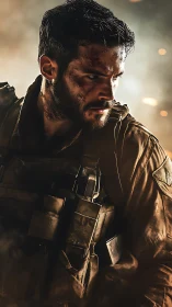 Battle-worn soldier in tactical gear amid smoke and light.