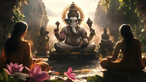 Golden Ganesha statue radiates calm over lotus temple pool