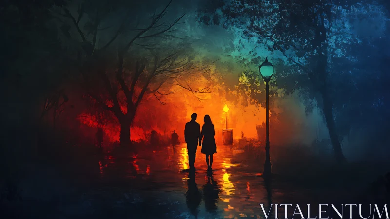 Silhouetted Couple Under Glowing Street Lamp at Night.