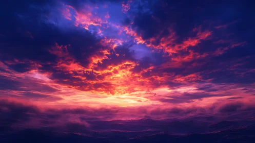 Crimson twilight clouds drifting above a dreamlike sea.