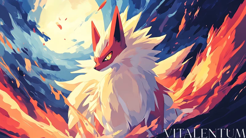 Fire-themed fox creature in stylized lunar landscape.