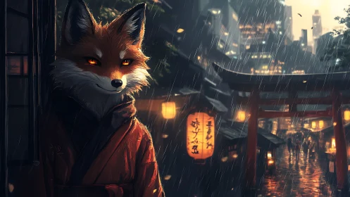 Fox spirit in neon rain alley beside glowing torii gate.