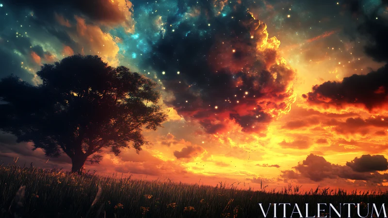 Cosmic sunset sky above lone tree on glowing meadow field.