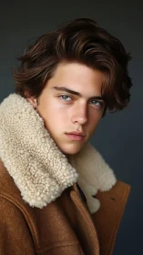 Young male portrait in shearling coat with shallow depth of field