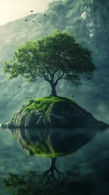 Solitary arboreal island with mirrored lacustrine reflection.