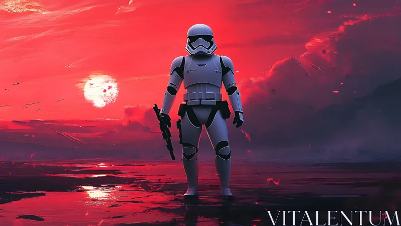 Armored sci fi soldier stands against vivid red sunset sky