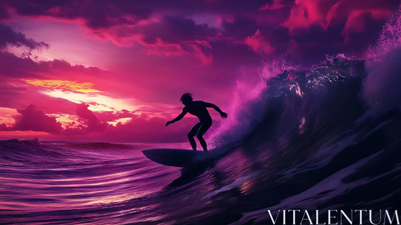 Midnight surfer carves neon tides beneath magenta storm