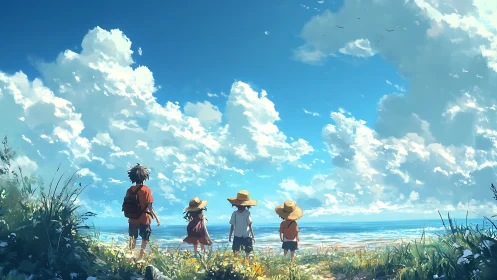 Four children stand on coastal grassland facing the sea
