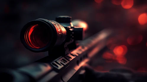 Tactical Rifle Scope with Red Reticle in Focus.