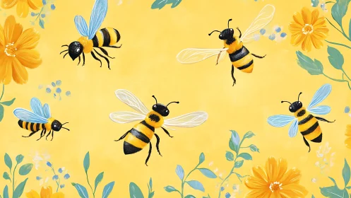 Sunlit honeybees waltz through a painted meadow sky