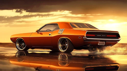 Orange classic muscle car on reflective wet surface at dusk.
