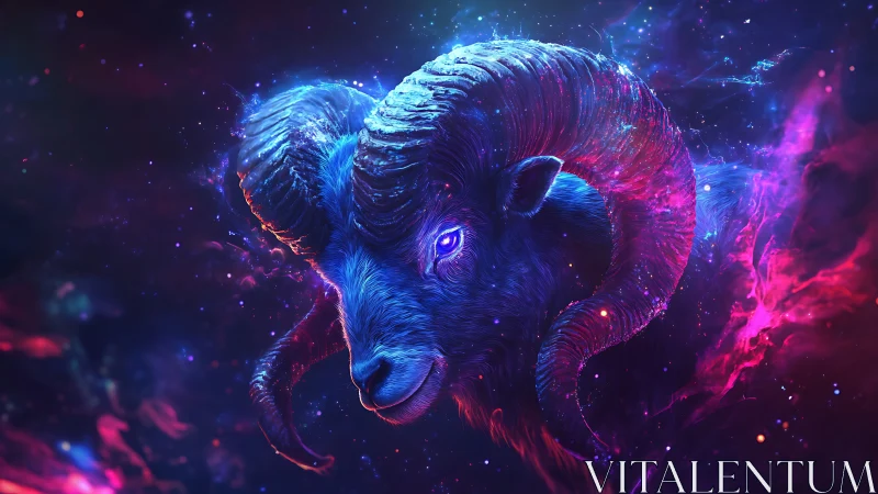Cosmic neon ram emerges through swirling galactic nebula.