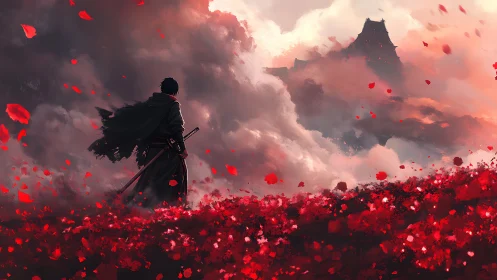 Lone swordsman faces distant fortress amid crimson storm