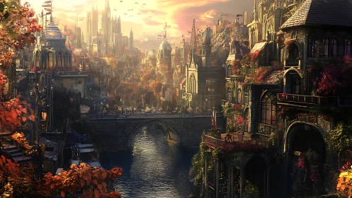 Sunlit river city blends fantasy architecture with autumn glow