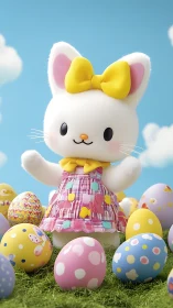 White cartoon cat in dress among decorated Easter eggs.